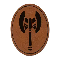 Battle Axe Dwarven Fantasy Weapon Round Iron-On Engraved Faux Leather Patch Applique - 2.5" Brown