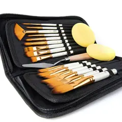 15 Pieces Paint Brush Set, Intermediate Series, Includes Pop-Up Carrying Case with Palette Knife and 2 Sponges, for Acrylic, Oil, Watercolor and Gouache Painting - Pearl White