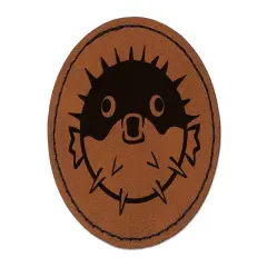 Startled Puffer Fish Round Iron-On Engraved Faux Leather Patch Applique - 2.5" Brown