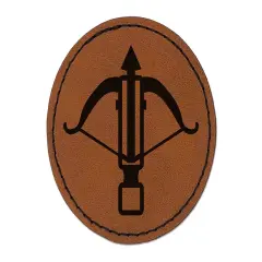 Crossbow Archer Ranged Weapon Round Iron-On Engraved Faux Leather Patch Applique - 2.5" Brown