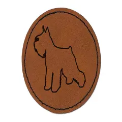 Miniature Schnauzer Dog Outline Round Iron-On Engraved Faux Leather Patch Applique - 2.5" Brown