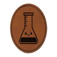 Kawaii Beaker Science Teacher School Round Iron-On Engraved Faux Leather Patch Applique - 2.5" Brown