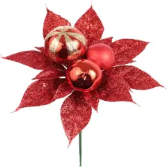 Set of 12: Sparkling Red Glitter Poinsettia Flower Picks with 3 Ornament Balls | Festive Holiday Decor | Trees, Wreaths, & Garlands | Christmas Picks | Home & Office Decor - 2024 Christmas Collection, Floral Home by Artificial Flowers