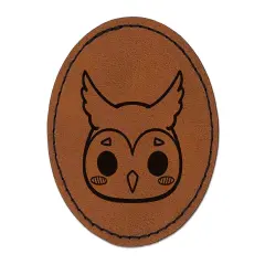 Charming Kawaii Chibi Owl Face Blushing Cheeks Great Horned Round Iron-On Engraved Faux Leather Patch Applique - 2.5" Brown