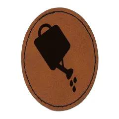 Watering Can Gardening Plants Solid Round Iron-On Engraved Faux Leather Patch Applique - 2.5" Brown