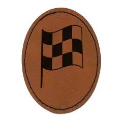 Waving Checkered Flag Round Iron-On Engraved Faux Leather Patch Applique - 2.5" Brown