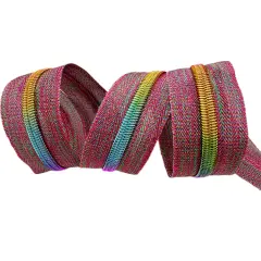 Metallic multi pink with Rainbow teeth Zipper Tape