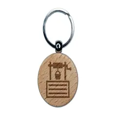 Wishing Water Well Icon Engraved Wood Round Keychain Tag Charm