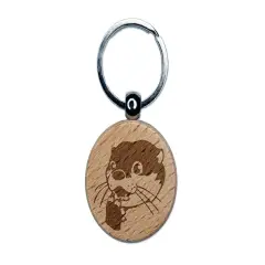 Shocked Surprised Otter Head Engraved Wood Round Keychain Tag Charm