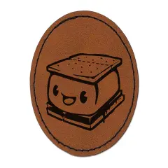Cute Kawaii S'mores Marshmallow Round Iron-On Engraved Faux Leather Patch Applique - 2.5" Brown