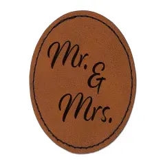 Mr. and Mrs. Married Couple Wedding Anniversary Round Iron-On Engraved Faux Leather Patch Applique - 2.5" Brown