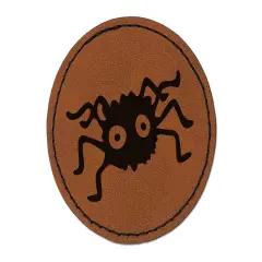 Fuzzy Cartoon Bug Spider Round Iron-On Engraved Faux Leather Patch Applique - 2.5" Brown