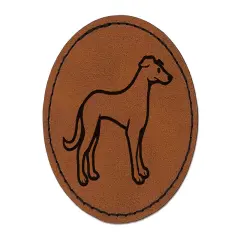 Speedy Lanky Greyhound Dog Round Iron-On Engraved Faux Leather Patch Applique - 2.5" Brown