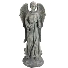 Northlight 26" Distressed Finish Angel with Floral Wreath Outdoor Garden Figure Gray