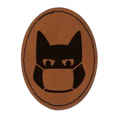 Judgmental Cat Wearing Mask Round Iron-On Engraved Faux Leather Patch Applique - 2.5" Brown