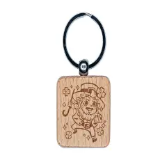 Cute and Jolly Saint Patrick's Day Leprechaun Engraved Wood Square Keychain Tag Charm