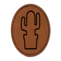 Cactus in Pot Outline Round Iron-On Engraved Faux Leather Patch Applique - 2.5" Brown