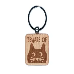 Beware of Cat Funny Doodle Engraved Wood Square Keychain Tag Charm