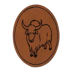 Domestic Yak Long Haired Cattle Round Iron-On Engraved Faux Leather Patch Applique - 2.5" Brown