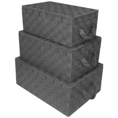 Sorbus Woven Basket Bin Set - Shelf Storage Tote Baskets for Household Items - Stackable with lid, Woven Straps and built-in Carry Handles (3 Pack) Gray