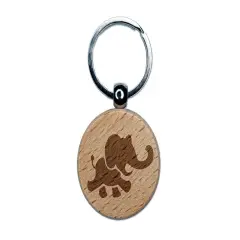 Marching Baby Elephant Engraved Wood Round Keychain Tag Charm