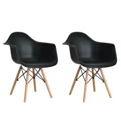 Set of 2 Mid-Century Dining Arm Chairs with Wood Legs Black