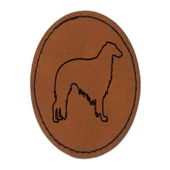 Borzoi Russian Wolfhound Dog Outline Round Iron-On Engraved Faux Leather Patch Applique - 2.5" Brown
