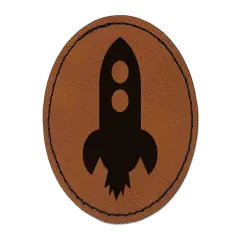Rocket Ship Doodle Round Iron-On Engraved Faux Leather Patch Applique - 2.5" Brown