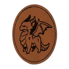Grumpy Little Winged Dragon Round Iron-On Engraved Faux Leather Patch Applique - 2.5" Brown