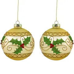 Northlight Glittered Holly and Berries Christmas Glass Ball Ornaments - 4" - Gold - Set of 2