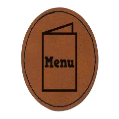 Restaurant Takeout Menu Food Round Iron-On Engraved Faux Leather Patch Applique - 2.5" Brown
