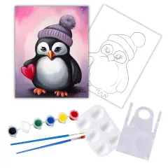 "Heart Penguin" DIY Canvas Art Kit, Adult Beginner, Acrylic Paint Size 11x14 inch