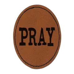 Pray Fun Text Round Iron-On Engraved Faux Leather Patch Applique - 2.5" Brown