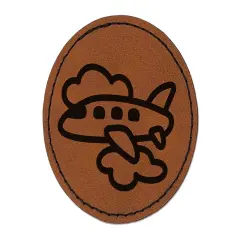 Airplane Flying Through Clouds Travel Trip Round Iron-On Engraved Faux Leather Patch Applique - 2.5" Brown