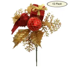 12-Pack Red & Gold Glitter Picks with Vibrant Gift Box, Dove Bird, & Ornament Ball | Festive Holiday Decor | Trees, Wreaths, & Garlands | Christmas Picks | Home & Office Decor - 2024 Christmas Collection, Floral Home by Artificial Flowers