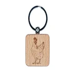 Curious Hen Chicken Engraved Wood Square Keychain Tag Charm