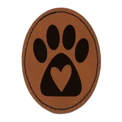 Paw Print with Heart Dog Round Iron-On Engraved Faux Leather Patch Applique - 2.5" Brown