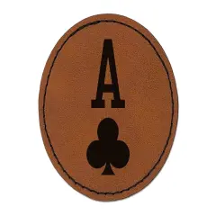 Ace of Clubs Card Suit Round Iron-On Engraved Faux Leather Patch Applique - 2.5" Brown