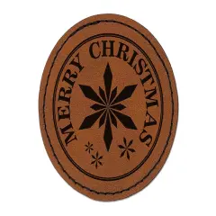 Merry Christmas Holiday Snowflake Round Iron-On Engraved Faux Leather Patch Applique - 2.5" Brown