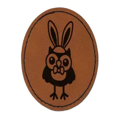 Easter Owl with Bunny Ears Round Iron-On Engraved Faux Leather Patch Applique - 2.5" Brown