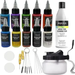 Pixiss Air Brush Painting Set with Airbrush Cleaner Pot and Brush Cleaner Fluid (4 fl oz) - 10 Colors of Acrylic Paint for Airbrush Kit with accessories for Model Paint Kit