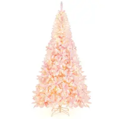 Costway 7.5FT Pre-Lit Snow Flocked Pink Christmas Tree 1100 Tips w/ 450 Lights & 8 Modes