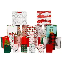 24 Pieces Christmas Wrapping Bags, Assorted Size Art Paper Gift Bags Set with Handles, Xmas Large Medium Small Bottle Bags for Holiday Birthday Present Packaging