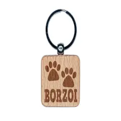 Borzoi Dog Paw Prints Fun Text Engraved Wood Square Keychain Tag Charm