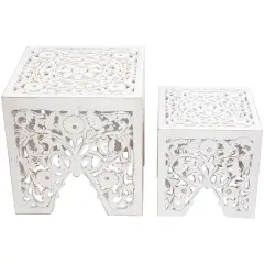 Northlight Set of 2 Antique White Square Stackable Nesting Side Table and Stool 16"