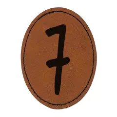 Number 7 Seven Felt Marker Font Round Iron-On Engraved Faux Leather Patch Applique - 2.5" Brown
