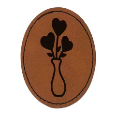 Vase of Heart Flowers Valentine's Day Round Iron-On Engraved Faux Leather Patch Applique - 2.5" Brown