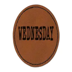 Wednesday Text Round Iron-On Engraved Faux Leather Patch Applique - 2.5" Brown