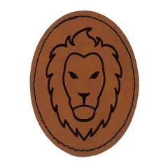 Lion Head Face Round Iron-On Engraved Faux Leather Patch Applique - 2.5" Brown