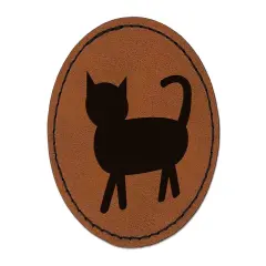 Cat Prancing Solid Round Iron-On Engraved Faux Leather Patch Applique - 2.5" Brown